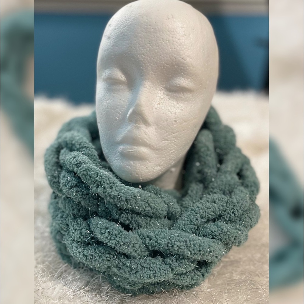 Handmade Hand Crafted Arm Knit Blanket Infinity Scarf Sparkly Aqua Sage
